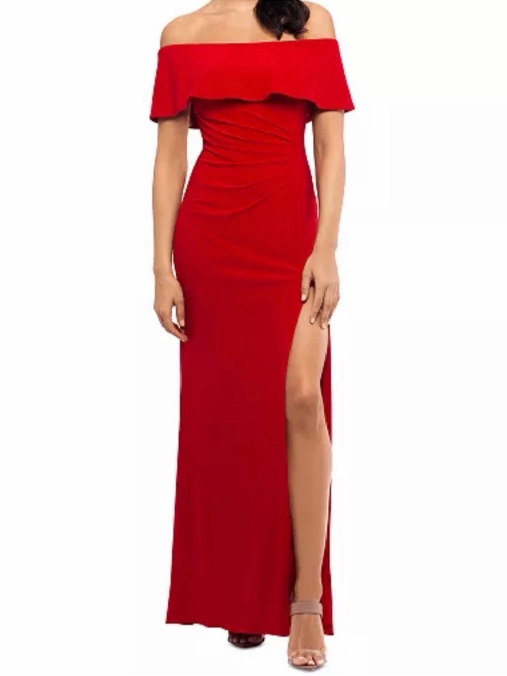 NWT Off-Shoulder Red Evening Gown with Side Slit